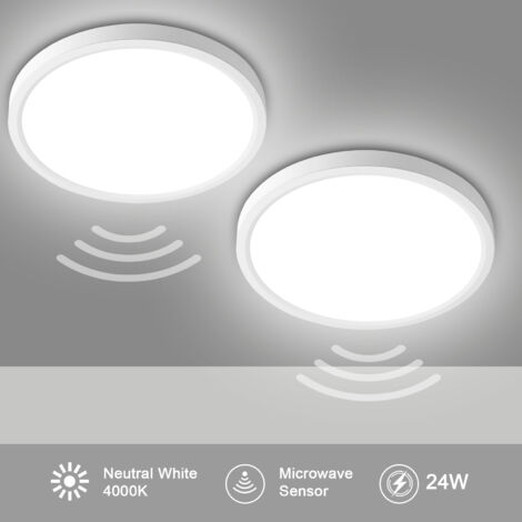 Lot de 2 Plafonniers LED 18 W 1800 LM avec Détecteur de Mouvement, IP44 Étanche, Ultra Plat, 4000 K Blanc Neutre, Diamètre 23 cm – Couloir, Escalier, Cave, Balcon