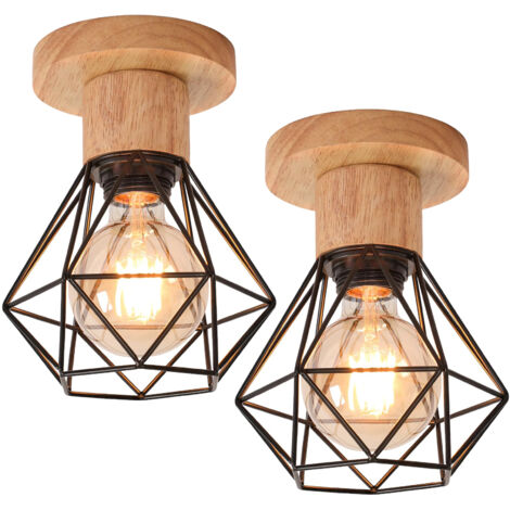 Lot de 2 plafonniers, lustre industriel, plafonnier rétro en forme de cage métallique, suspension vintage, lumière chaude 3000 K (noir)