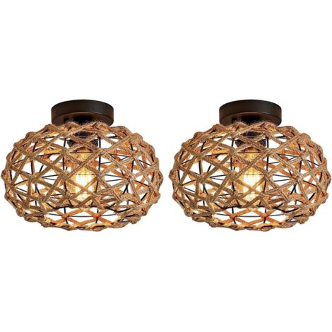 Lot de 2 Plafonniers Rotin Tressé Semi-Encastrés – Style Bohème, Chambre et Salon