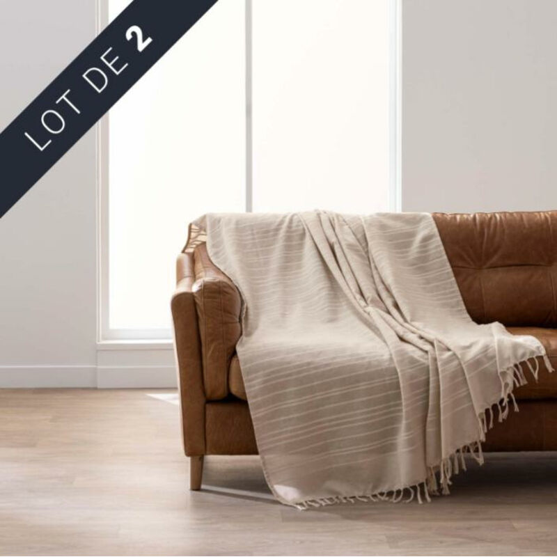 Lot de 2 plaids LILIA 180 x 220 cm – 100 % coton – Plaid à franges Beige