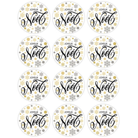 Lot de 2 planches d’étiquettes autocollantes Joyeux Noël – Stickers dorés et argentés – 24 étiquettes rondes Ø6 cm – Décoration cadeaux et table