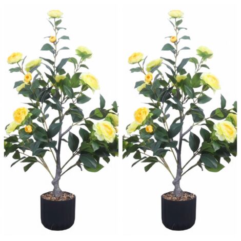 Lot de 2 Plantes Artificielles 95 cm, Camélia Artificiel en Pot en Ciment, 24 Fleurs de Jaune et 186 Feuilles