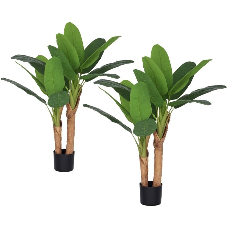 Homcom - Lot de 2 plantes artificielles bananiers H.120 cm - grand réalisme - 15 feuilles - mousse effet lichen pots inclus