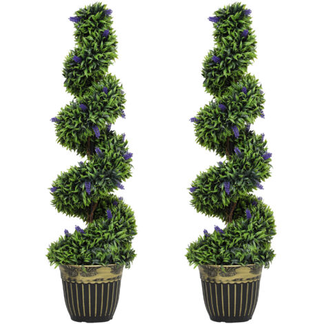 Lot de 2 plantes artificielles buis spiralées avec lavande 115 cm vert et bleu anti-UV