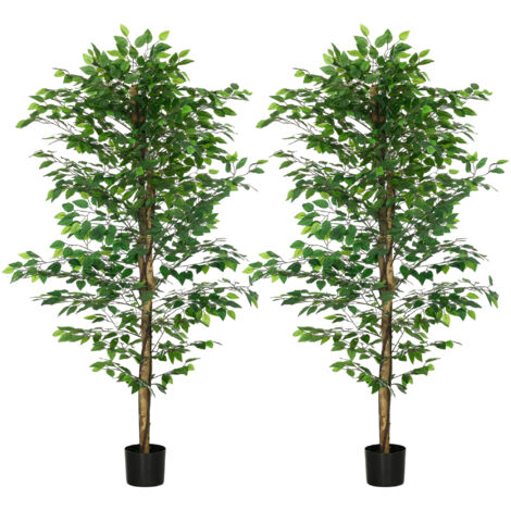 Lot de 2 plantes artificielles ficus hauteur 1,80 m tronc branches liane lichen feuilles grand réalisme pot inclus vert