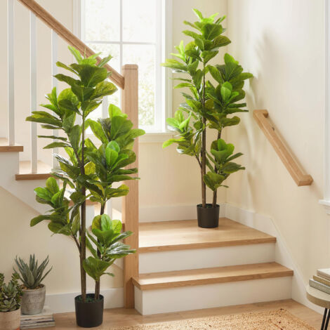 Lot de 2 plantes artificielles intérieures 150 cm. fausse plante à figuier lyre avec pot en ciment. vert