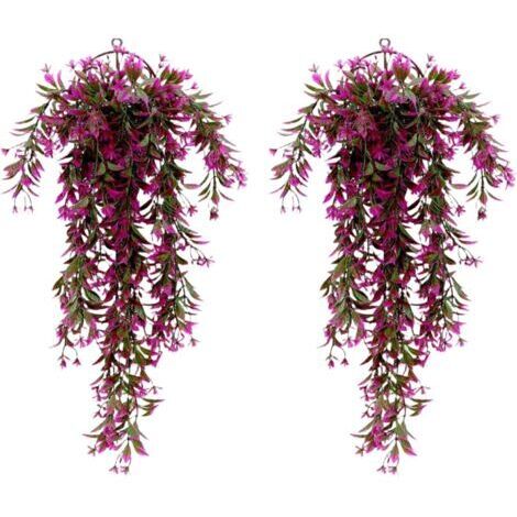 Lot de 2 plantes artificielles suspendues - 78 cm - Fleurs violettes - 5 branches avec design en rotin - Décoration pour l'intérieur et l'extérieur - Décoration murale pour jardin, mariage