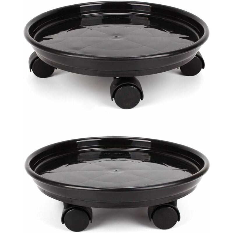 Lot de 2 plateaux de 30 cm pour pots de fleurs ronds avec 4 roulettes pour la maison ou le jardin – Noir