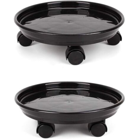 Lot de 2 plateaux de 30 cm pour pots de fleurs ronds avec 4 roulettes pour la maison ou le jardin – Noir