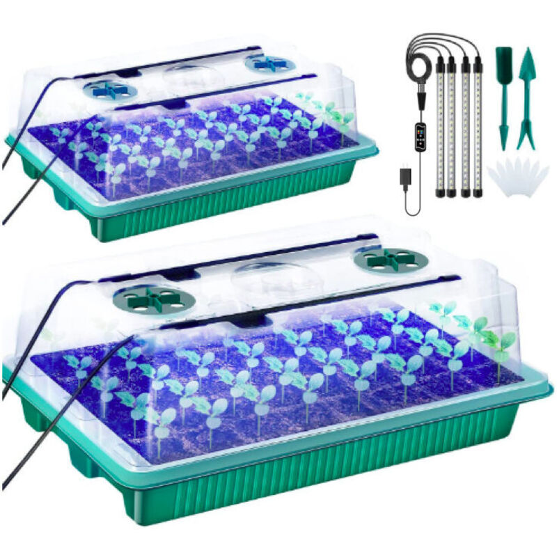 Lot de 2 plateaux de démarrage avec lumière de croissance, kit de démarrage de graines de 80 cellules pour culture hydroponique d'herbe de semis avec