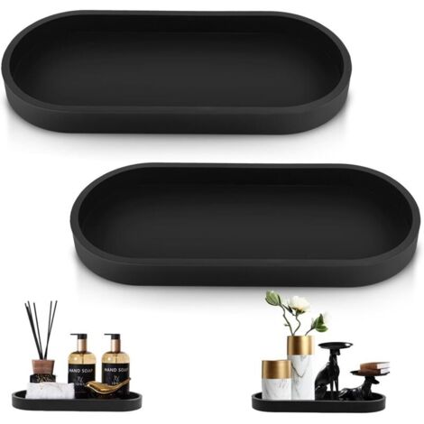 Lot de 2 plateaux de salle de bain, plateau décoratif, silicone noir, plateau de rangement pour coiffeuse, petit plateau, pour salon, chambre, lavabo, baignoire et évier de cuisine (ovale)