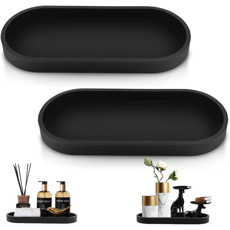 Lot de 2 plateaux décoratifs en silicone noir pour salle de bain, coiffeuse, petit plateau pour salon, chambre à coucher, lavabo, baignoire et évier