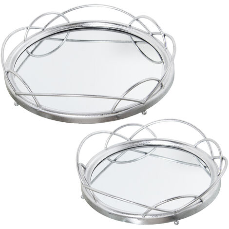 Lot de 2 Plateaux Métal Argenté/Miroir °46X9+°38X9 Cm, Mat : Fer