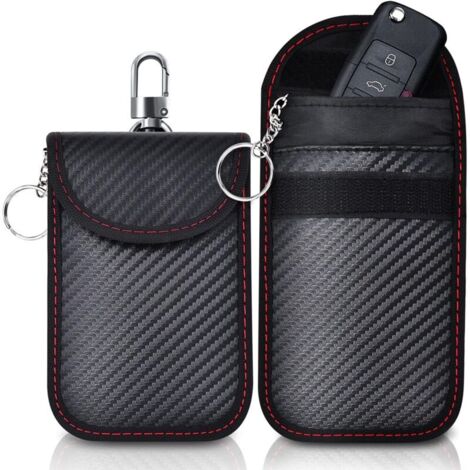 Lot de 2 Pochettes Blocage Signal RFID pour Clé Voiture, Étui de Protection Anti RFID pour Clef Télécommande avec Anneau Porte-clé Intégré en Fibre de Carbone - Bloqueur Signal RFID NFC Anti Pi