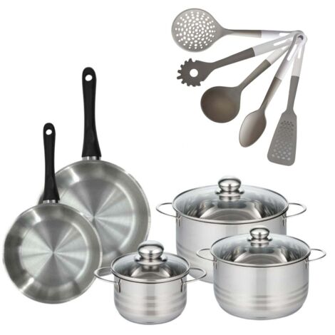 Lot de 2 Poêles 20/24cm Fackelmann Geneva avec 3 Faitouts 16/20/24cm et 5 Ustensiles