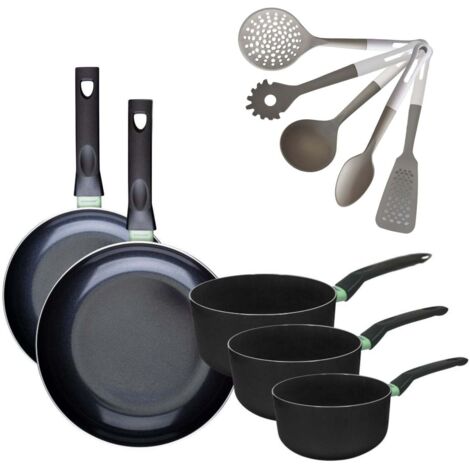Lot de 2 Poêles 24/28 cm & 3 Casseroles 16/18/20 cm Fackelmann Brandao avec 5 ustensiles Vario