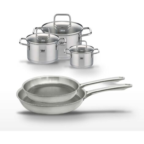 Lot de 2 poêles 24/28 cm Elo Relief Passion et 3 faitouts en inox Elo Citrin
