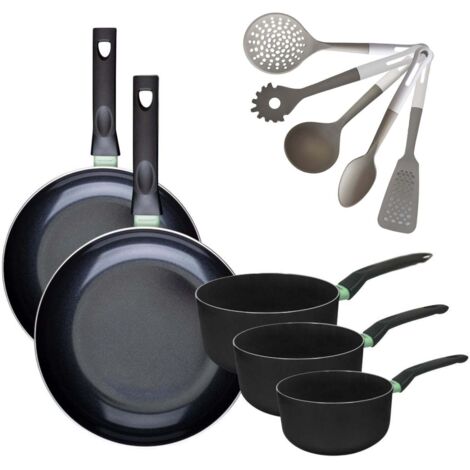 Lot de 2 Poêles 28/30 cm et 3 Casseroles 16/18/20 cm Fackelmann Brandao avec 5 ustensiles de cuisine Vario