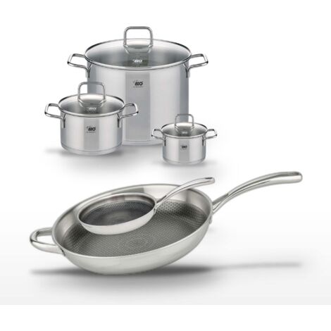 Lot de 2 Poêles 32/24cm et 3 Faitouts 14/20/26cm en inox Elo Relief Evolution
