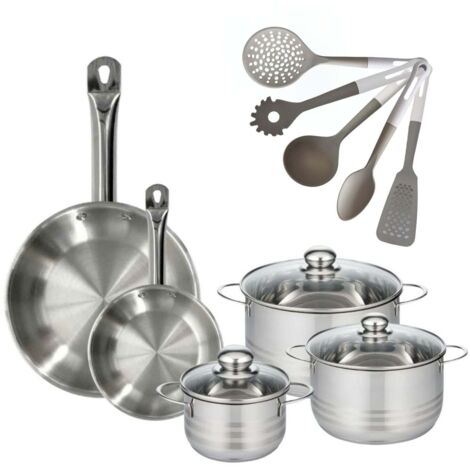 Lot de 2 Poêles en inox 20/28 cm Fackelmann Eterna avec 3 Faitouts 16/20/24 cm et 5 ustensiles