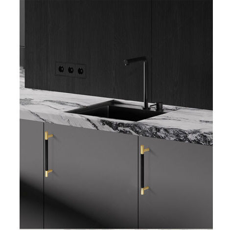 Lot de 2 poignées de meuble de cuisine en alliage d'aluminium noir et doré, distance entre les trous de 128 mm, avec vis, adaptées aux tiroirs de bureau