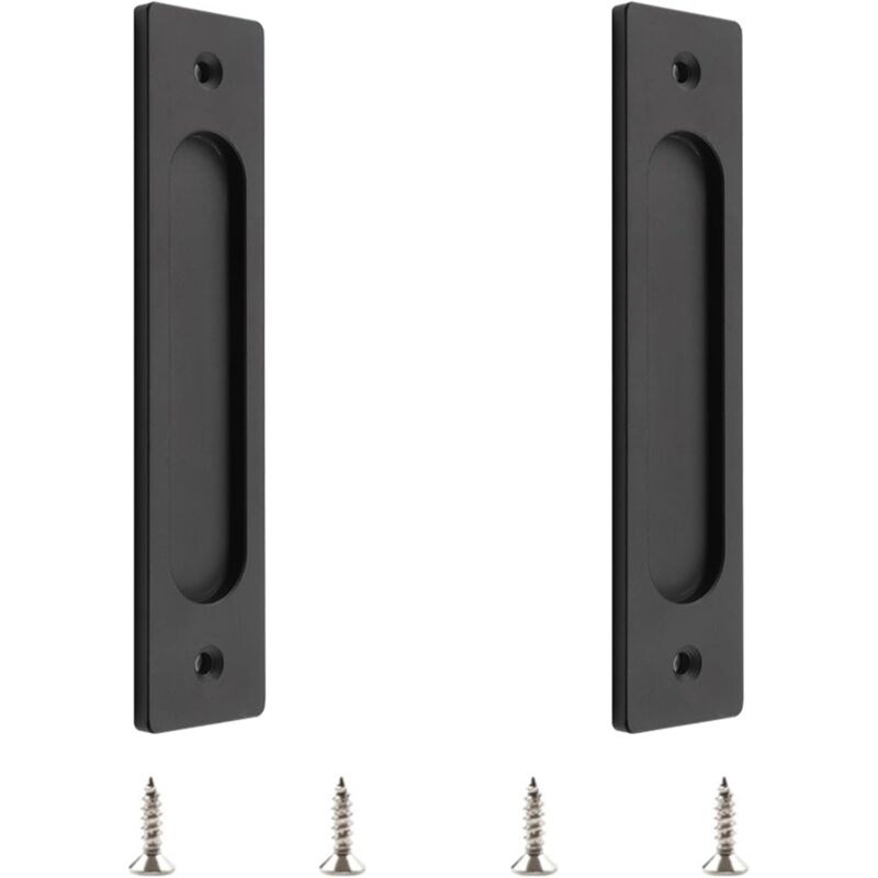 Lot de 2 poignées de porte coulissante rectangulaires encastrées en alliage d'aluminium avec vis de montage pour porte de grange coulissante - Noir