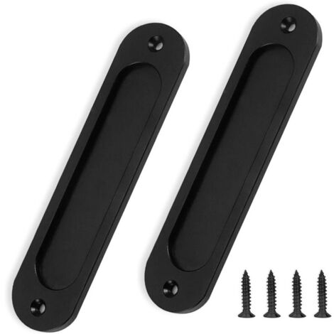 Lot de 2 poignées de porte de grange - Noir mat - 15,2 cm - Rondes - Plaque plate encastrée - Poignées de porte coulissantes - Poignée en aluminium pour placards et tiroirs