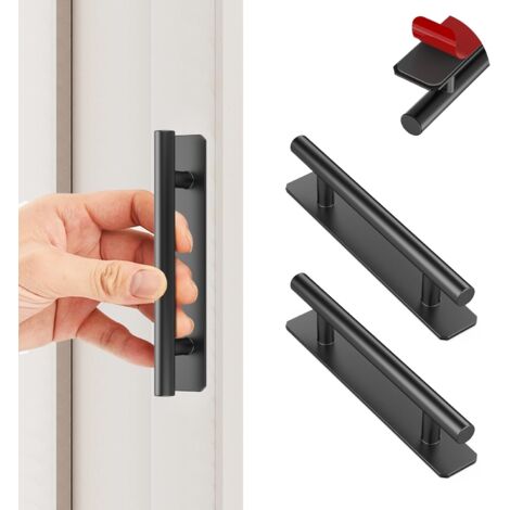 Lot de 2 poignées de porte et tiroir autocollantes instantanées, en aluminium, sans perçage, pour tiroirs, placards, portes coulissantes et meubles de cuisine - Noir