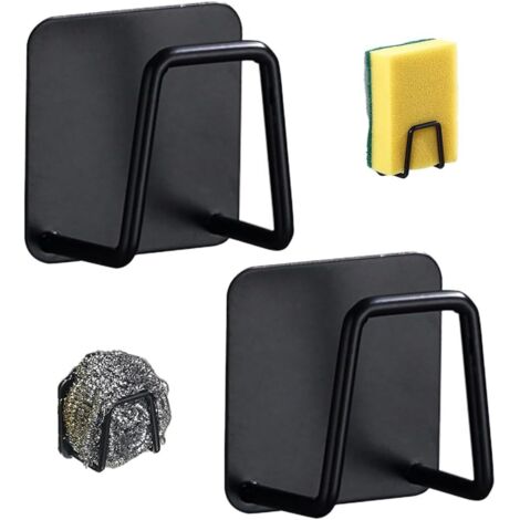 Lot de 2 porte-éponges autocollants en acier inoxydable, accessoires pour évier, cuisine (Noir)