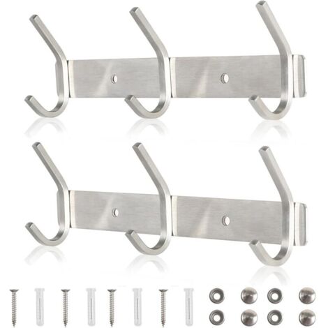 Lot de 2 porte-manteaux muraux argentés avec 3 crochets en acier inoxydable, charge maximale 30 kg, pour salle de bain, couloir, cuisine, jardin, vestes, serviettes, style moderne.