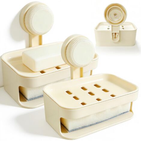 Lot de 2 Porte Savon Mural Double Couche à Drainage, Boite a Savon à Ventouse sans Perçage, avec Éponge Intégrée, pour Savons, Éponges et Accessoires de Cuisine et Salle de Bain, Couleur Blanc Crème