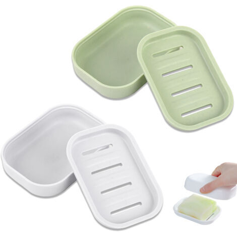 Lot de 2 Porte-Savons en Plastique, Antidérapants et Faciles à Nettoyer (Blanc et Vert Clair)