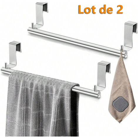 Lot de 2 porte-serviettes de cuisine avec 2 crochets, 23 cm, en acier inoxydable, à suspendre au-dessus d'un meuble.