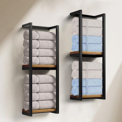 Lot de 2 Porte-Serviettes Muraux à 2 Niveaux - Étagère de Salle de Bain Style Industriel (Bois et Finition Noire) - Rangement Vertical Gain de Place
