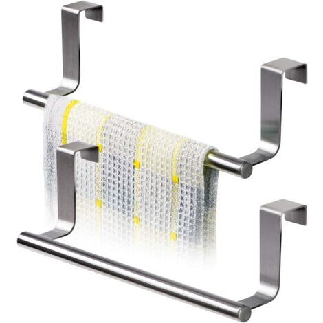 Lot de 2 Porte Serviettes Torchons sur Porte, Barre Acier INOX à Suspendre sur Porte de Tiroir Placard, Installation sans Perçage
