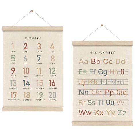 Lot de 2 posters muraux en bois avec alphabet et chiffres pour décoration chambre enfants, salle de jeux, crèche. (93 caractères)