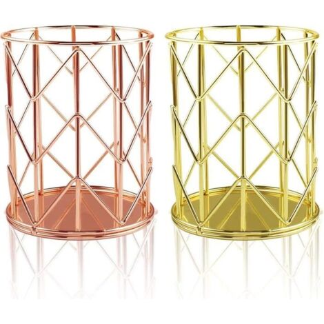 Lot de 2 pots à crayons tendance en métal doré rose pour le bureau ou la maison
