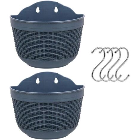 Lot de 2 pots de fleurs à suspendre en plastique pour balcon, clôture, pots de fleurs muraux avec drainage et 4 crochets
