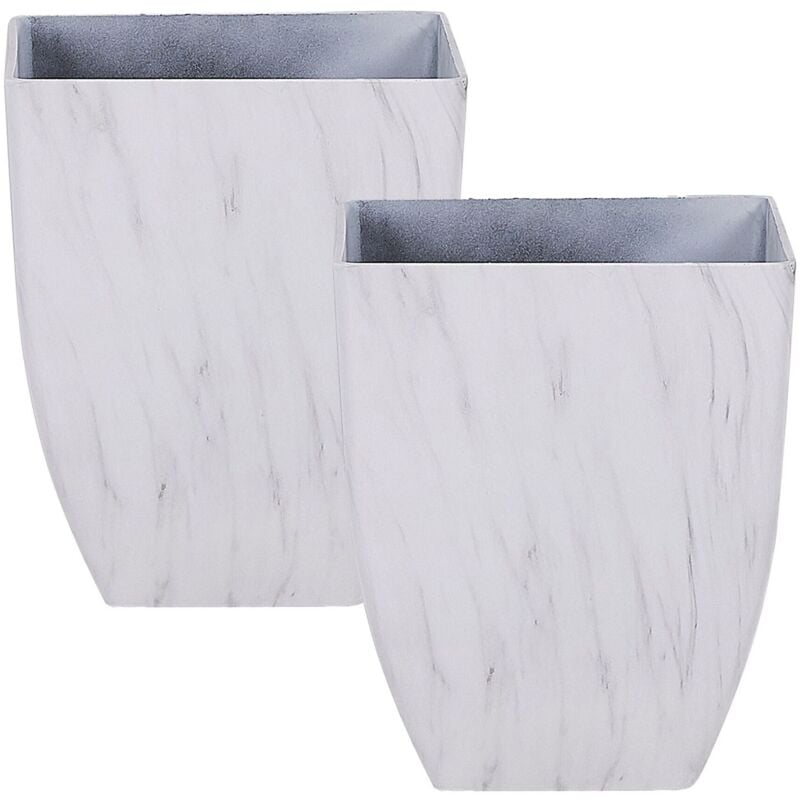 Lot de 2 Pots de Fleurs Cache-pots Carrés en Mélange de Pierre Effet Marbre Blanc Idéals pour Extérieur et Intérieur Glamour et Moderne Beliani