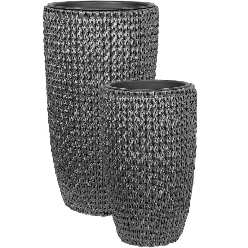 Lot de 2 Pots de Fleurs en Polyrotin Noir et Acier Intérieur et Extérieur Trou de Drainage Cedrus