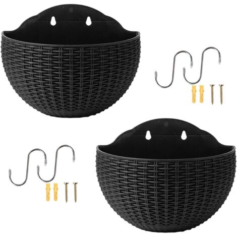 Lot de 2 Pots de Fleurs muraux en Imitation rotin pour d'extérieur, Demi-Cercle avec Trou de Drainage et Crochets, Support de