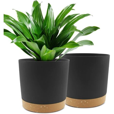 Lot de 2 pots de fleurs noirs de 20 cm (8 pouces), pots d'intérieur avec drainage