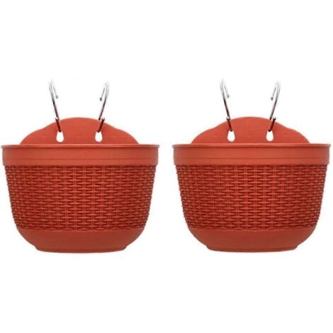 Lot de 2 pots de fleurs suspendus en plastique avec 4 crochets et trou étanche pour clôture de jardin, 21 x 13,5 cm, rouge brique