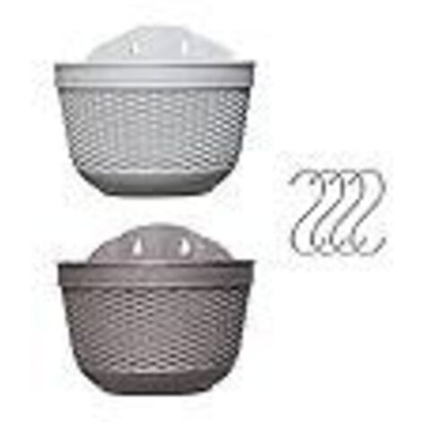 Lot de 2 pots de fls suspendus en plastique pour balcon, clôture, jardinières murales suspendues avec drainage et 4 crochets，2113.5cm,gris+café