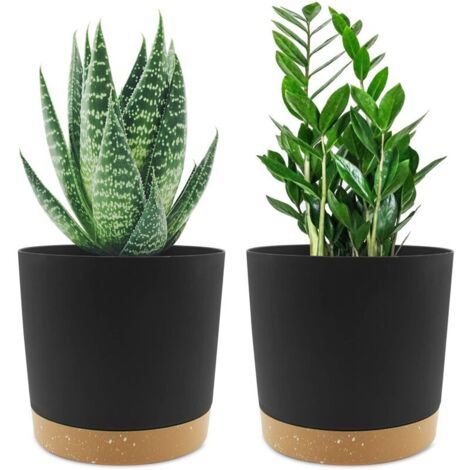 Lot de 2 Pots de Plantes 16cm, Pots pour Plantes d'intérieur avec Trous de Drainage et Base Amovible, Soucoupe décorative Moderne pour jardinières d'extérieur (Noir 16cm)