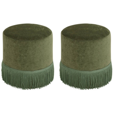 Lot de 2 Pouf chenille en velours vert - Diamètre 37,5 x Profondeur 37,5 x Hauteur 37,8 cm