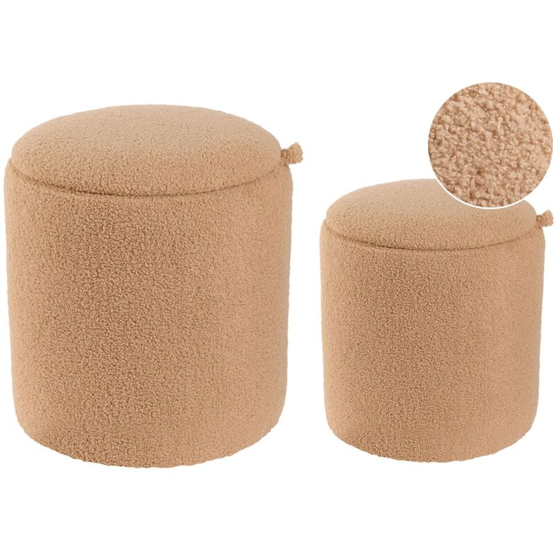 Lot de 2 Poufs avec Rangement Repose-Pieds Ronds Bouclé Rembourré Marron Clair Berea