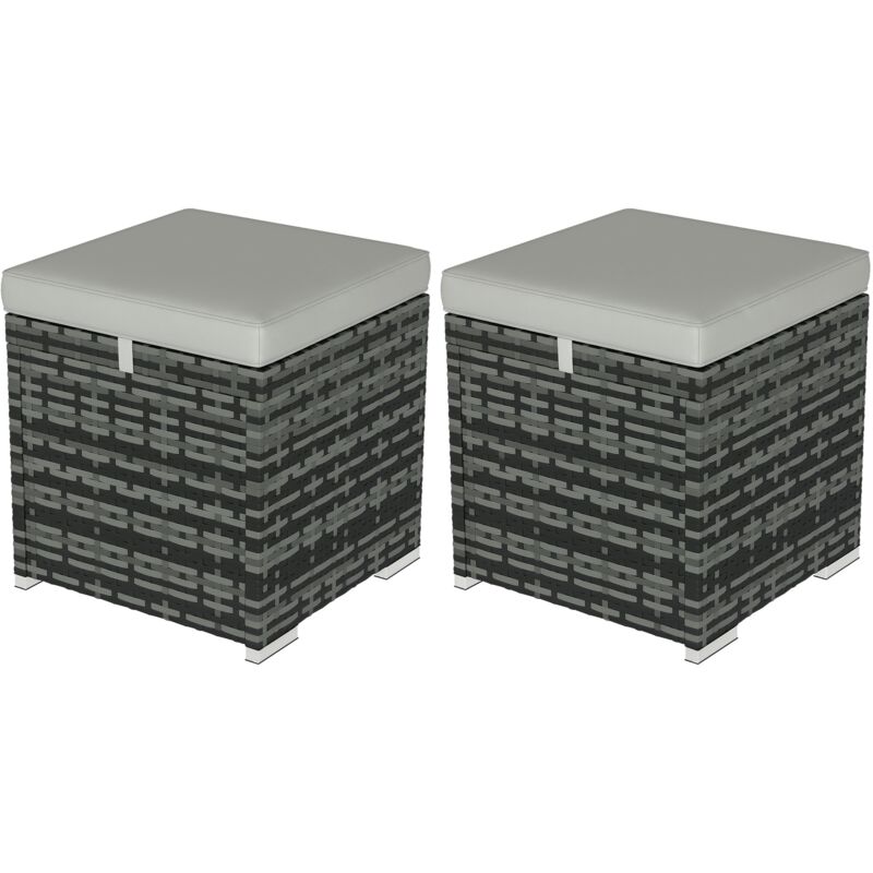 Lot de 2 poufs coffres de jardin - coussins zippés déhoussables - résine tressée aspect rotin gris