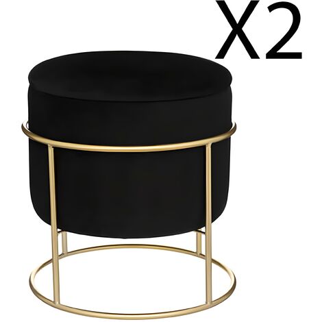 Lot de 2 poufs coffres en velours coloris noir -  Diamètre 42 x Hauteur 44 cm