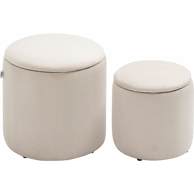 Lot de 2 poufs velours cotelé - poufs coffres 2 en 1 - poufs emboitables - ø 40 et 30 cm - tissu crème